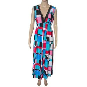 Julia Maxi Dress multicolor V Neck smocked waist sleeveless Silk Blend size M/L